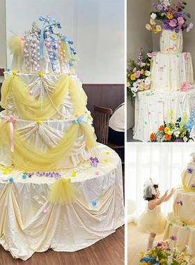 蝴蝶结奶油风黄色布幔蛋糕布置网红装饰背景派对生日拍照道具影楼