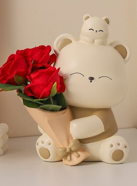 奶油风暴力熊捧花客厅轻奢高档摆件家居玄关柜装饰品乔迁新居礼物