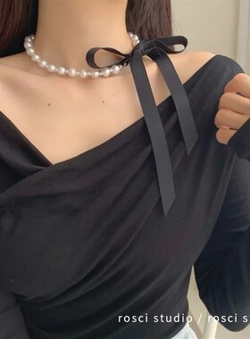 黑色丝带珍珠蝴蝶结锁骨链超仙时尚夏天优雅项链气质脖子颈链饰品
