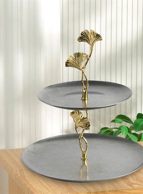 现代轻奢双层银杏托盘r展厅样板间厨房不锈钢果盘桌面摆件装饰品