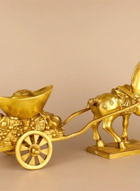 装饰马摆件铜马拉元宝黄铜马拉车铜马上发財铜办公室店铺玄关唐马