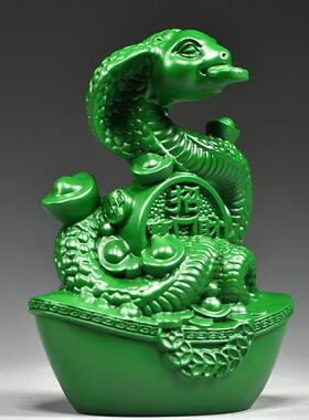 绿色木雕蛇摆件实木十二生肖木制眼镜蛇形客厅补角装饰红木工艺品