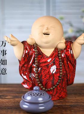 客厅小沙弥小和尚茶桌摆件禅意新中式博古架陶瓷工艺品茶室装饰品