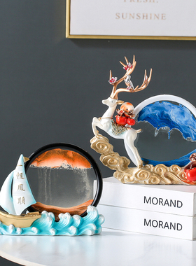 招财鹿流沙画沙漏摆件创意艺术客厅电视柜桌面装饰品乔迁新居礼物