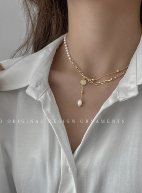 欧美拼接人像珍珠吊坠项链女时尚气质百搭短款锁骨链简约链子配饰