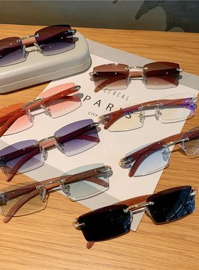 现货 时尚太阳镜欧美跨境男女款无框仿木纹镜腿墨镜sunglasses