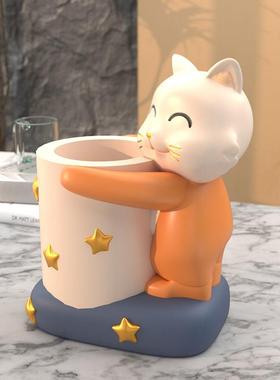 创意可爱招财猫笔筒摆件办公室桌面客厅家居实用装饰品送礼好物
