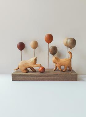 软萌治愈系实木气球朦胧猫木制手作氛围玄关车载装饰桌面摆件