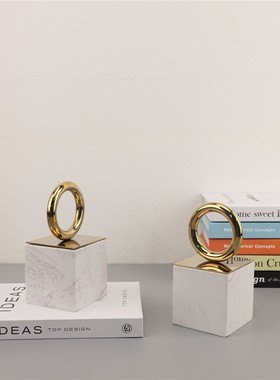 北欧简约创意轻奢大理q石金属圆环书挡摆件书房客厅办公室家居饰