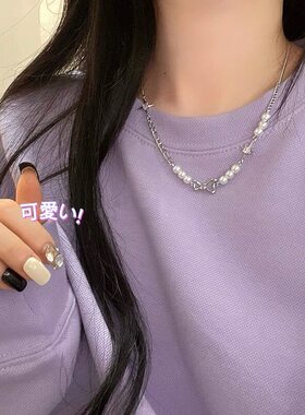 ins风小众休闲珍珠蝴蝶结项链女短锁骨链甜美气质时尚吊坠颈链韩