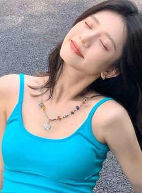 彩色串珠项链女夏日多巴胺轻奢小众双层叠戴吊坠气质百搭锁骨链饰