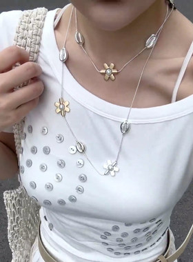 韩系撞色桃花长款锁骨链女新款