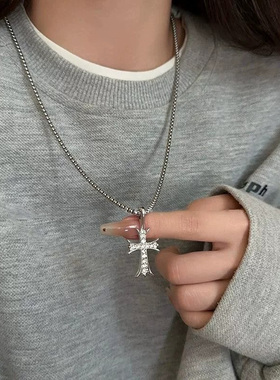 满钻复古十字架吊坠项链双面佩戴欧美风嘻哈小众男女hiphop钛钢链