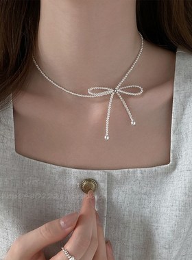 温柔优雅蝴蝶结珍珠项链女秋冬法式超仙气质锁骨链轻奢高级感颈链
