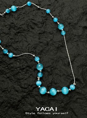 蓝色圆珠猫眼石小清新项链小众设计高级感简约锁骨链水性配饰
