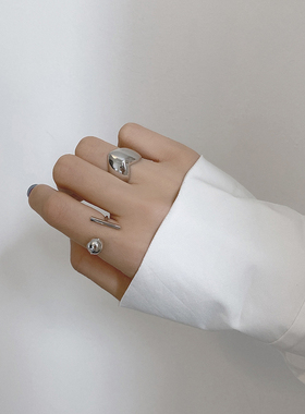 时尚个性女戒指简约几何方形圆珠戒指胖爱心宽面开口戒指银指环