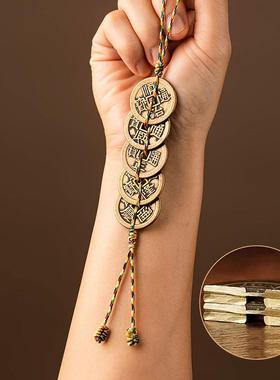 A纯黄铜五帝钱门对门挂件葫芦红黄绳压门槛铜钱真品六帝钱摆件