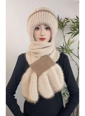 【秋冬新款】保暖女毛线帽百搭风雪帽防寒冬季帽子围巾一体针织帽