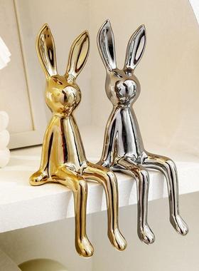 现代轻奢电镀银兔子摆件玄关酒柜电视柜客厅家居隔断房间软装饰品