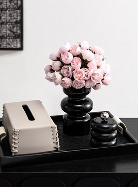 中古风茶几装饰摆件高级感客厅桌面皮革纸巾盒高档轻奢法式收纳盒