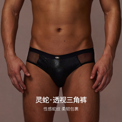半兽之内野性呐喊男士性感透视蛇纹内裤显大纯欲网纱拼接三角裤 - 图0