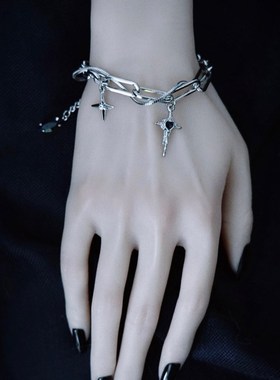 怪糖饰物集原创手工十字吊坠链条J手链亚文化y2k银色