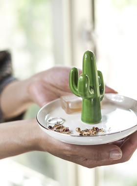 出口北欧风格金色绿色仙人掌首饰A戒指托盘/桌面收纳摆件 玄关装