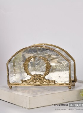 印度进口黄铜手工复古玻璃纸巾盒轻奢装饰M餐桌餐巾盒纸巾夹摆件