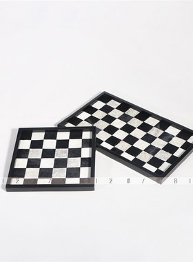 空合样板间现g代轻奢客厅黑白马毛棋盘格托盘酒器售楼处茶几搭配