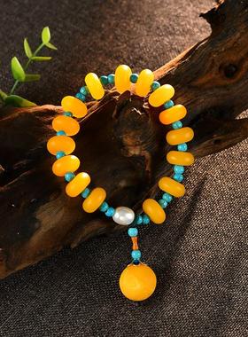 覆古民族风蜜蜡手炼鸡油黄单圈松石多宝手串吊坠文艺气质配饰女