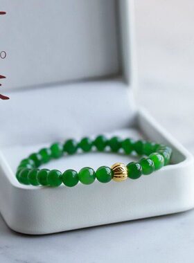 和田碧玉圆珠6mm手串女款和田玉搭足金纳福牌百搭玉石手链配证书