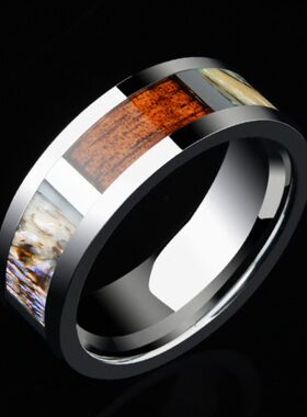 高档潮男士戒指钨金镶嵌彩贝相思红木本命年戒不掉色指环可刻字