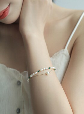 双层复古优雅淡水珍珠手链女设计首饰闺蜜女生手镯祖母绿水晶首饰