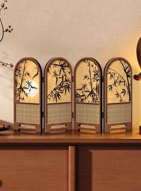 小屏风摆件中古风竹子新款桌面摆台画 划折叠折屏高级感电视柜装