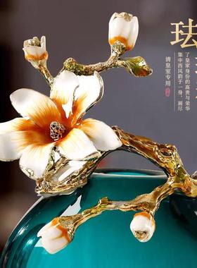 轻奢高级玻璃花瓶摆件玄关中式客厅高端工艺礼品摆饰珐瑯彩高档乔