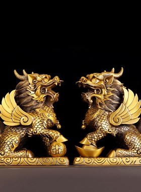 铜麒麟摆件一对纯铜大号祥瑞麒麟门店桌面公N母送子麒麟大号火麒
