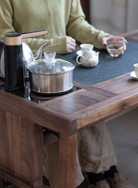 阳台组合茶桌新中式茶台烧水壶台黑胡桃实木火烧石一体茶室茶案