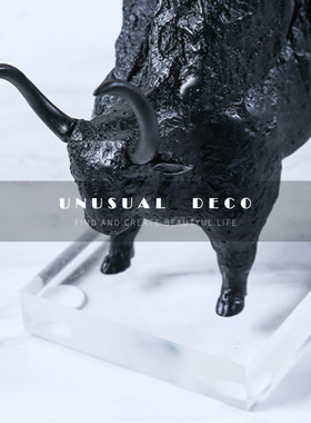 新中式现代样板间黑色抽象动物牛创意H熊摆件样板房书房桌面装饰