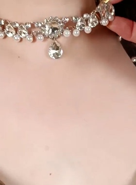 法式宫廷超闪锆石珍珠水滴锁骨链