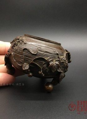 复古包浆 多子多福葫芦香炉摆件 创意铜香炉葫芦藤浮雕熏香炉铜炉
