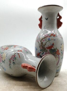 清乾隆开片粉彩花鸟富贵图双耳花瓶仿古瓷器古玩家居吉祥招财摆件