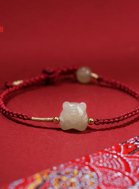 和田玉小老虎红绳手链女玉老虎头本命年属虎情侣R饰品生日礼物饰