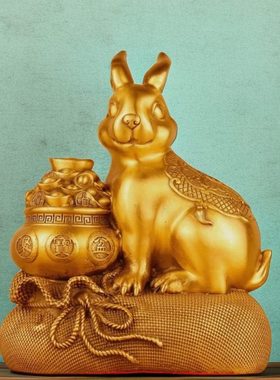 纯铜聚宝盆钱袋兔子黄铜生肖兔家居吧台玄关办公桌桌面装饰礼品