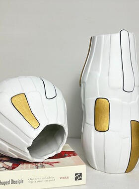 陶瓷拼贴花器样板房民宿售楼部卧室客厅轻奢白色描金艺术花瓶摆件