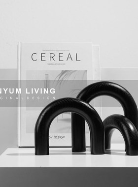 现代简约书房书柜k黑色木纹拱门摆件样板间客厅电视柜酒柜软装饰