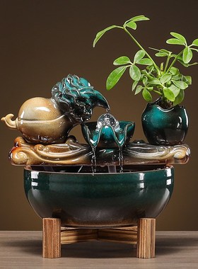 招财流水循环陶瓷鱼缸家居客厅瀑布喷泉造景办公家用装饰乔迁摆件