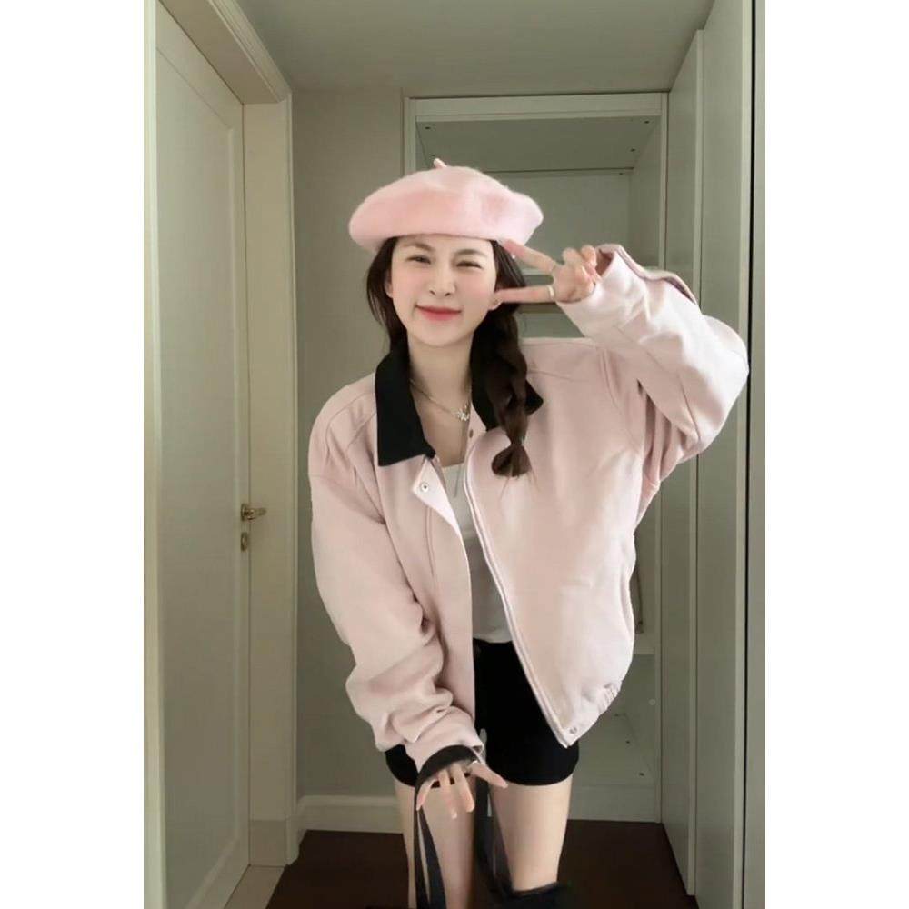 韩系粉色麂CAG套皮5香风外女春小秋202新款美式短款小众夹克翻领,淘宝优惠券,粉丝福利购,淘宝优惠卷