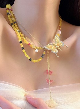 老货甜酷风蝴蝶项链女双层叠戴黄色串珠星星辣妹流苏锁骨链颈链
