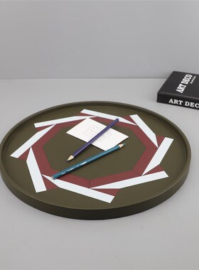 现代简约圆形木质皮革收纳托盘摆件客厅电视柜Q茶几样板房家居饰