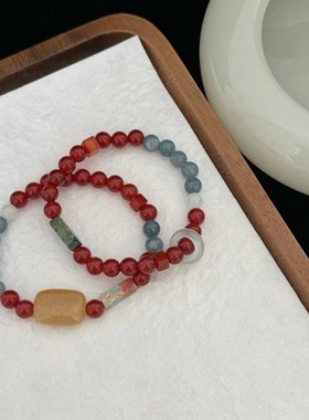 新中式天然红玛瑙寿山石串珠手串女叠戴小众复古清冷撞色文玩手链